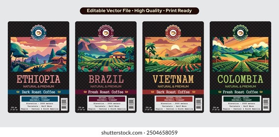 Premium Ethiopian Coffee label design in dark black theme Brazil Coffee Set Sticker Design and Vietnam Coffee Label Template Design, Colombia Coffee Label design, Vector Editable Template Download