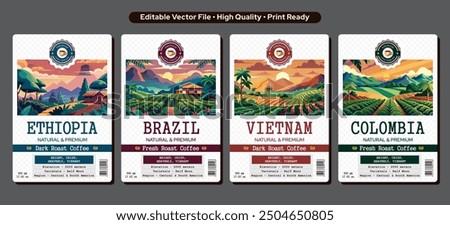 Premium Ethiopian Coffee label design Brazil Coffee Set Sticker Design and Vietnam Coffee Label Template Design with Field Landscapes, Colombia Coffee Label design, Vector Editable Template Download