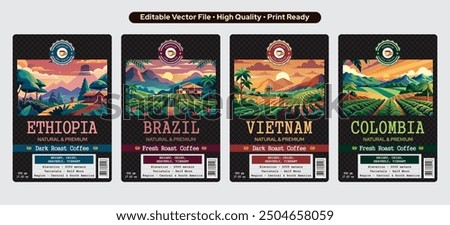 Premium Ethiopian Coffee label design in dark black theme Brazil Coffee Set Sticker Design and Vietnam Coffee Label Template Design, Colombia Coffee Label design, Vector Editable Template Download