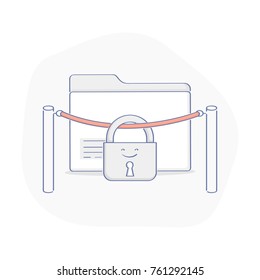 Premium, exclusive access to Data, folder with docs. File behind red rope  barrier stanchions, turnstile on white background.