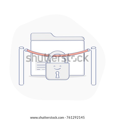 Premium, exclusive access to Data, folder with docs. File behind red rope  barrier stanchions, turnstile on white background.