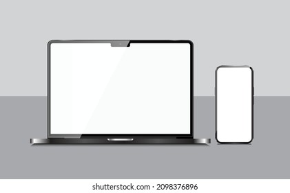 Premium exclusive realistic mockup device, laptop, notebook and smartphone with blank white screen editable vector file with gray background