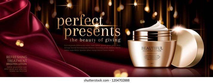 Premium Face Cream Banner Ads With Scarlet Satin And Bokeh Glistening Background In 3d Illustration