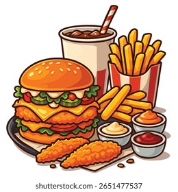 premium fast-food combo meal featuring a crispy chicken sandwich, French fries, soft drink, chicken tenders, and a trio of dipping sauces