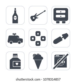 Premium fill icons set on white background . Such as cream, wineglass, guitar, dont, drawer, concert, white, black, dental, play, bottle, glass, mouth, sound, music, musical, sweet, hygiene, game, ice
