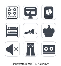 Premium fill icons set on white background . Such as hotel, heat, gas, bed, female, ecommerce, travel, home, chart, mobile, shine, dessert, stove, hostel, music, flashlight, money, sign, cart, sweet
