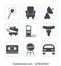 Premium fill icons set on white background . Such as household, fun, electric, meat, boiler, sausage, car, furniture, cassette, business, vehicle, bbq, home, food, heater, phone, sign, communication