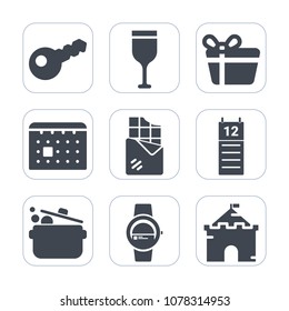 Premium fill icons set on white background . Such as house, castle, smart, dessert, chocolate, architecture, tower, celebration, alcohol, gadget, restaurant, sweet, wine, glass, time, cook, sign, red