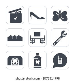 Premium fill icons set on white background . Such as spanner, duck, warm, desk, bear, fruit, phone, tool, heel, health, clean, equipment, brush, hygiene, teddy, telephone, business, healthy, home, box