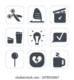 Premium fill icons set on white background . Such as table, water, cut, electricity, surfer, ball, brown, love, mug, toy, drop, wind, sea, speed, surf, tool, communication, bulb, man, cup, bear, play