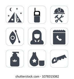 Premium fill icons set on white background . Such as mobile, bottle, face, foreman, builder, adventure, water, construction, white, communication, food, kayak, technology, book, woman, sake, tourism