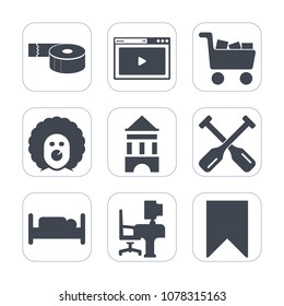 Premium fill icons set on white background . Such as makeup, commerce, media, bedroom, tower, desk, horror, furniture, bed, water, character, business, boat, clown, paddle, shop, halloween, table, buy