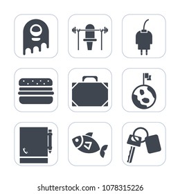 Premium fill icons set on white background . Such as food, ufo, sea, humanoid, fish, fashion, fiction, seafood, object, cable, technology, fitness, bag, power, energy, space, style, hamburger, white