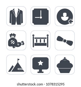 Premium fill icons set on white background . Such as furniture, nature, timer, doughnut, suit, add, cradle, social, striped, tie, nursery, stick, element, bow, gift, business, bed, clock, star, lolly