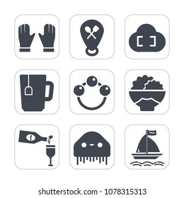 Premium fill icons set on white background . Such as play, glove, map, toy, tea, alien, technology, fiction, internet, background, grain, red, baby, pin, location, ufo, cup, cafe, work, rice, beverage