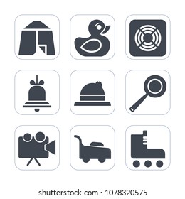 Premium fill icons set on white background . Such as sign, garden, projector, summer, play, bath, skating, adventure, alarm, projection, utensil, video, tent, clothing, lawn, notification, equipment