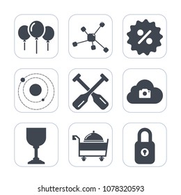 Premium fill icons set on white background . Such as atom, oar, glass, sign, galaxy, earth, coupon, price, decoration, astronomy, sale, lock, planet, happy, canoe, party, system, space, wine, molecule