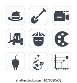 Premium fill icons set on white background . Such as young, energy, film, truck, technology, video, clothing, baseball, equipment, astronaut, construction, head, data, science, delivery, spaceship