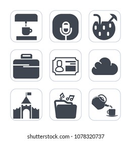 Premium fill icons set on white background . Such as drink, microphone, tower, sign, cocktail, file, technology, machine, party, id, internet, kitchen, audio, record, tea, equipment, summer, bag, web