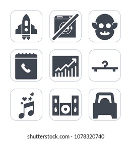 Premium fill icons set on white background . Such as dont, speaker, black, sign, phone, fiction, home, concept, humanoid, graph, musical, rocket, technology, note, trend, spaceship, creature, book
