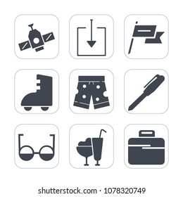 Premium fill icons set on white background . Such as briefcase, food, pen, country, fashion, wind, planet, office, download, satellite, dessert, eye, shorts, button, shuttle, arrow, spaceship, skating