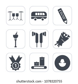 Premium fill icons set on white background . Such as avatar, ice, sign, instrument, award, bottle, bag, street, floral, human, musical, bouquet, drink, office, vehicle, party, web, champagne, business