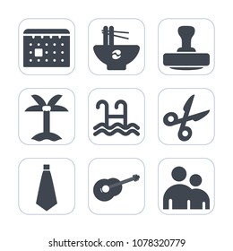 Premium fill icons set on white background . Such as human, business, stamp, date, tree, calendar, sign, tool, plant, hot, meal, certificate, palm, people, event, bowl, post, water, tie, day, summer