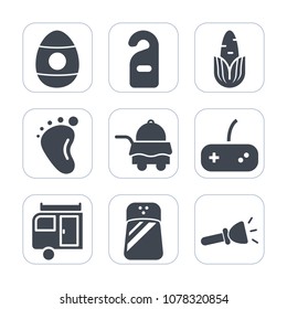 Premium fill icons set on white background . Such as fresh, quiet, bed, joystick, shine, service, celebration, play, holiday, easter, decoration, healthy, room, journey, hotel, game, electric, light