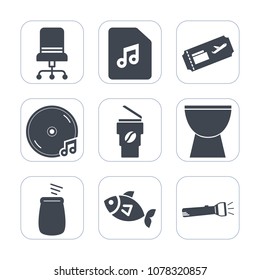 Premium fill icons set on white background . Such as room, flashlight, music, trip, coffee, microphone, graphic, album, home, drink, seafood, flight, away, food, plane, fish, percussion, cafe, musical