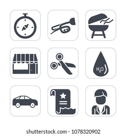 Premium fill icons set on white background . Such as business, move, file, highway, hot, cut, music, compass, travel, navigation, drop, man, north, store, east, male, barbecue, supermarket, water, map
