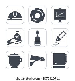 Premium fill icons set on white background . Such as helmet, office, cake, stationery, graphic, cupcake, document, drink, hard, finance, hot, notepad, bakery, work, bag, report, surveillance, graph