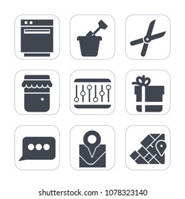 Premium fill icons set on white background . Such as food, gift, burner, childhood, playground, jar, toy, glass, world, atlas, cut, equipment, geography, location, cooking, chat, pruning, domestic