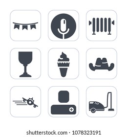 Premium fill icons set on white background . Such as record, audio, ice, event, cream, person, party, clothing, glass, fashion, music, airplane, home, wine, boiler, flag, flight, contact, hot, happy