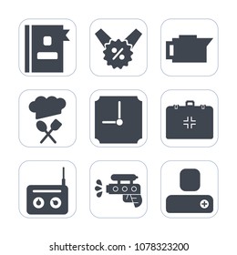 Premium fill icons set on white background . Such as drink, water, pistol, social, person, restaurant, equipment, phone, music, coupon, radio, tag, chief, caffeine, price, media, percent, coffee, sign