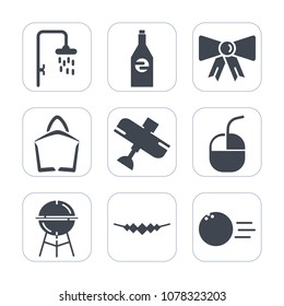 Premium fill icons set on white background . Such as pin, bbq, fashion, ball, mouse, airplane, shower, suit, grill, water, internet, bow, bag, container, sport, travel, jewelry, necklace, computer, 