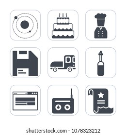 Premium fill icons set on white background . Such as paper, document, chief, media, computer, radio, transport, cake, diskette, sweet, system, printer, technology, pie, bakery, laboratory, solar, disk