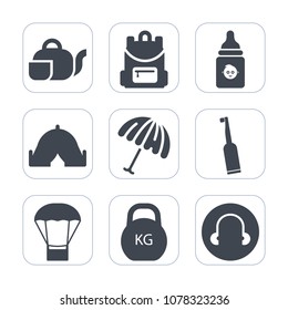 Premium fill icons set on white background . Such as camp, tea, school, traditional, hot, balloon, rain, tooth, cup, tent, white, adventure, kid, asian, parasol, toothbrush, bag, nutrition, backpack