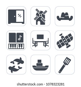 Premium fill icons set on white background . Such as electricity, seafood, food, fashion, cabinet, office, space, note, pan, sound, station, fish, headwear, energy, sea, boat, clothing, room, nature