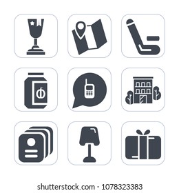 Premium fill icons set on white background . Such as road, ribbon, box, home, ringing, jam, phone, first, present, match, pin, food, gift, identity, card, place, glass, award, win, telephone, travel