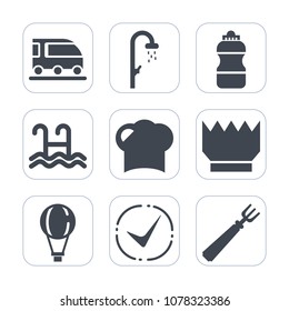 Premium Fill Icons Set On White Background . Such As Clean, Spoon, Parachute, Soda, Railway, Food, Extreme, Travel, Parachuting, Dinner, Wet, Royal, Train, Sign, Car, Bottle, Chef, Sky, Luxury, Shower