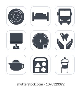 Premium fill icons set on white background . Such as house, bed, tire, hotel, internet, interior, road, car, speed, bus, rubber, computer, hot, dental, white, toy, vehicle, breakfast, auto, pc, travel