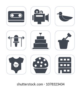 Premium fill icons set on white background . Such as kid, sandbox, camcorder, animal, tape, play, cassette, doughnut, sand, sport, pie, camera, summer, audio, retro, flight, child, record, food, movie