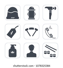 Premium fill icons set on white background . Such as salmon, department, white, clean, hygiene, seafood, profile, saw, hydrant, safety, fire, construction, soap, phone, street, parachute, fish, japan