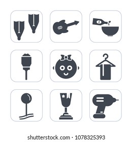 Premium fill icons set on white background . Such as light, cute, map, sea, glass, award, music, sport, clothing, childhood, electric, instrument, street, dinner, string, flipper, sound, winner, drill