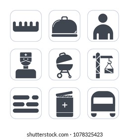 Premium fill icons set on white background . Such as bus, brush, hair, doctor, saw, casual, young, stethoscope, medical, drill, business, bbq, hairbrush, white, people, barbecue, transport, man, male