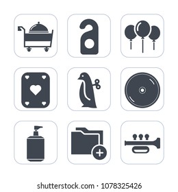 Premium fill icons set on white background . Such as air, motel, restaurant, bright, happy, hotel, privacy, balloon, door, animal, penguin, play, children, dvd, quiet, poker, party, service, card, cd