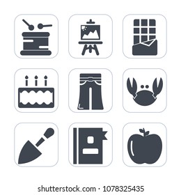 Premium fill icons set on white background . Such as fashion, seafood, food, chocolate, book, healthy, musical, artist, music, art, tool, violin, telephone, phone, directory, candy, brush, business