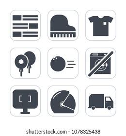 Premium fill icons set on white background . Such as shirt, male, rider, ball, media, piano, textile, newspaper, monitor, helmet, biker, clothing, web, celebration, birthday, wash, new, motorbike, pin