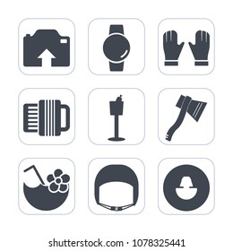 Premium fill icons set on white background . Such as upload, instrument, accordion, juice, belt, cocktail, protection, background, sound, photo, music, holder, hand, technology, restaurant, business