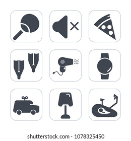 Premium fill icons set on white background . Such as sign, lunch, fast, sound, table, racket, interface, play, childhood, hairdryer, sport, flipper, volume, game, pizza, smart, watch, tennis, mute